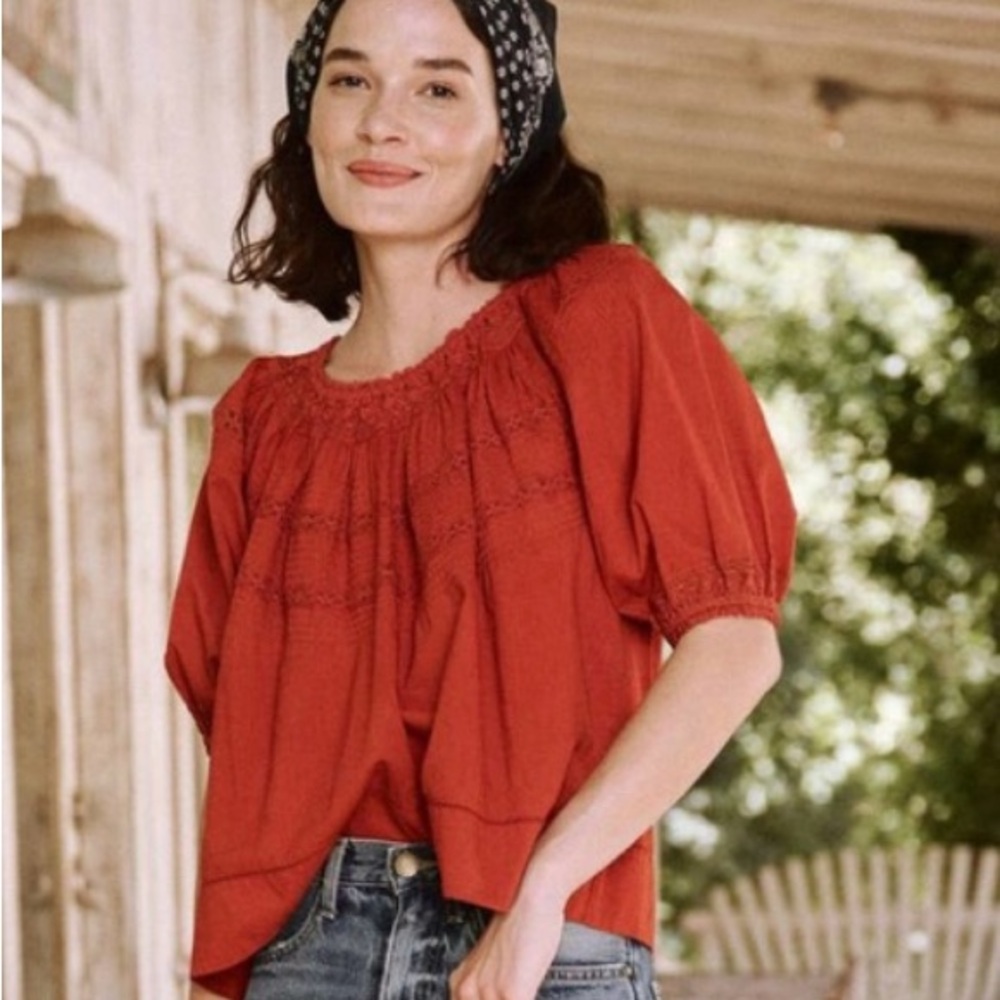 THE GREAT. Red Peasant Smocked Cotton Blouse